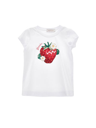 MONNALISA- Strawberry jersey T-shirt with rhinestones