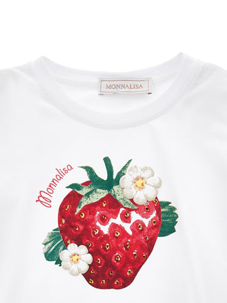 MONNALISA- Strawberry jersey T-shirt with rhinestones