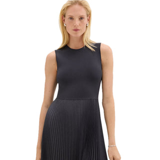 Theory-Pleated Combo Dress in Stretch Wool-Blend